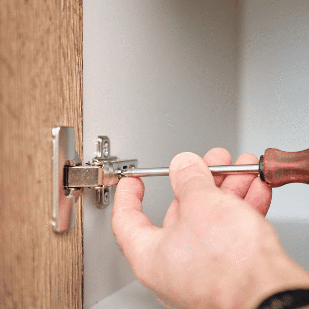 Cabinet hinge being repaired and adjusted