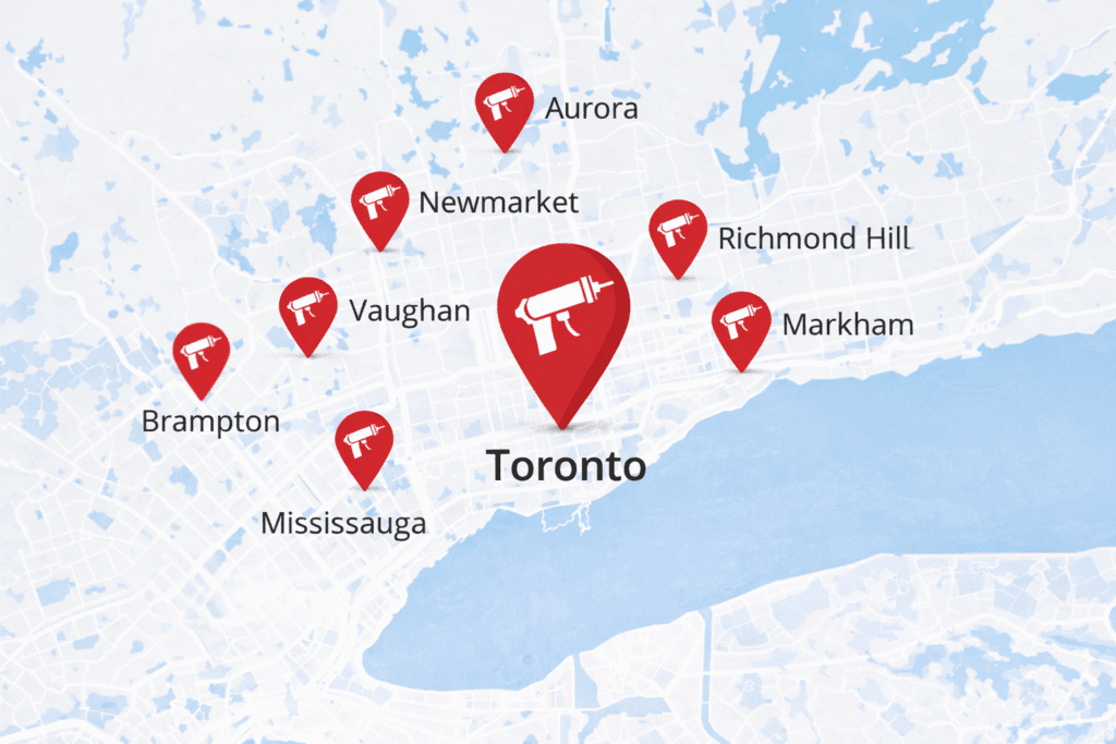 caulking services coverage map in Toronto GTA including North York Richmond Hill Vaughan Markham Mississauga Brampton Aurora and Newmarket