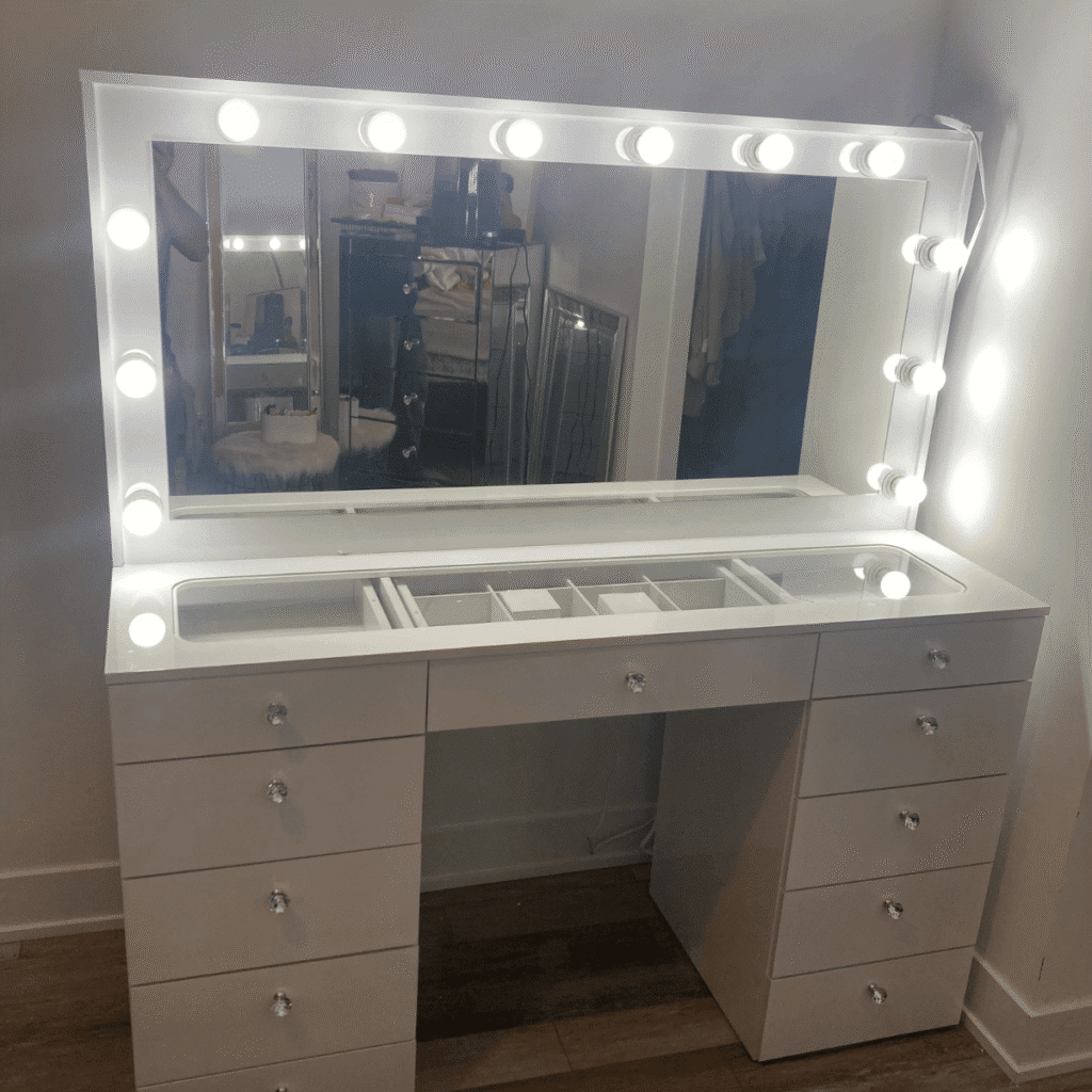 Completed makeup vanity setup with clean finish
