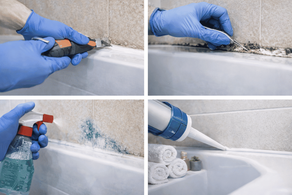 step by step shower caulking process in Toronto including removal mold treatment and new silicone installation