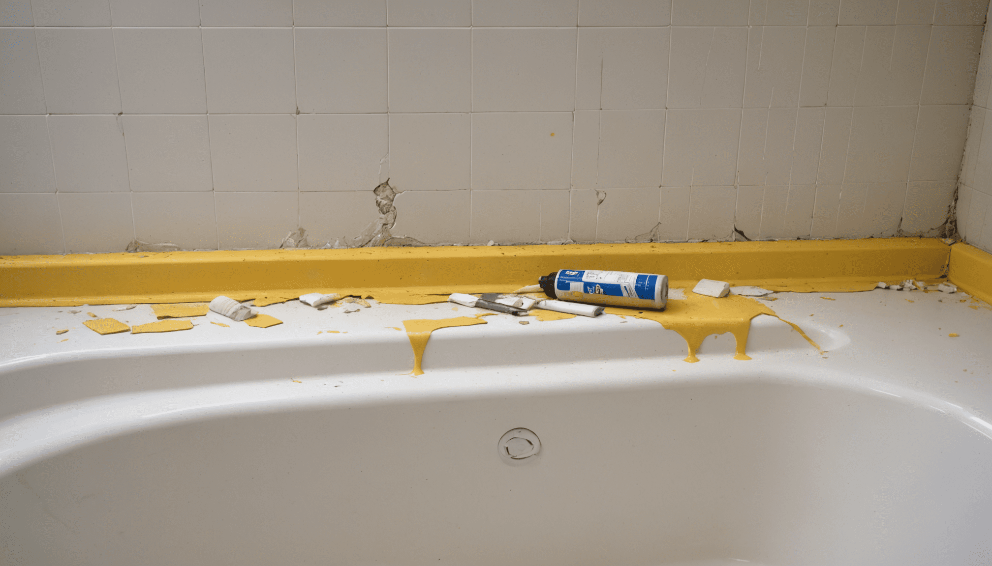Cracked caulk around bathtub before bathroom maintenance Toronto