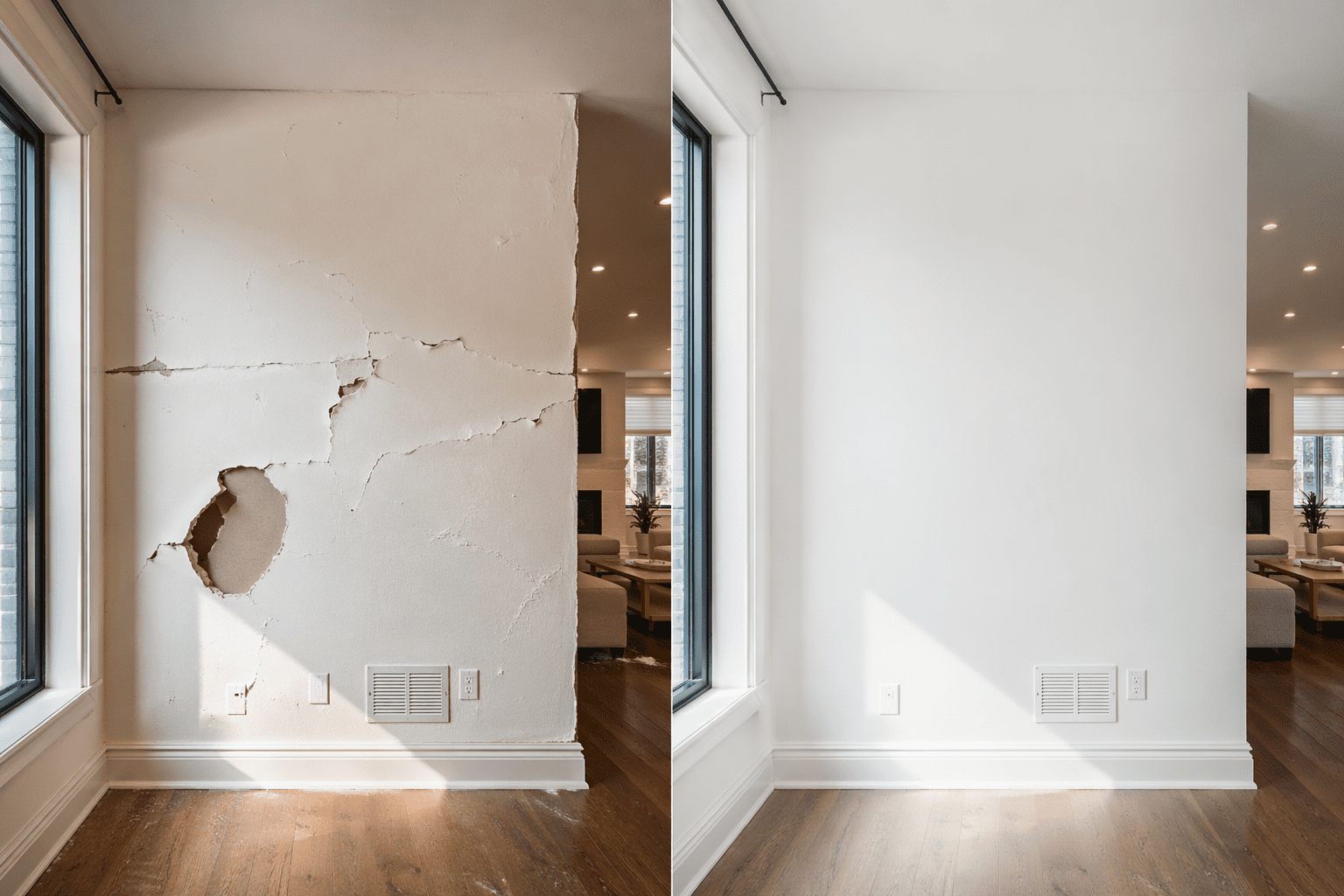 drywall repair Toronto before and after comparison cracked vs smooth wall
