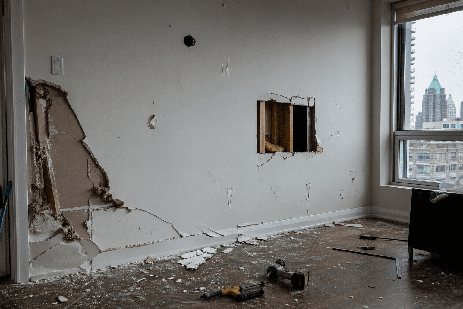 damaged drywall wall with cracks holes before repair Toronto home