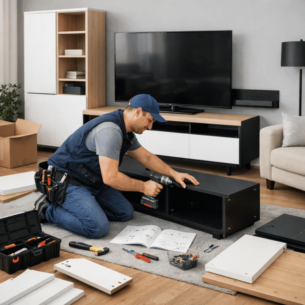 Furniture assembly Toronto – handyman assembling a flat-pack TV stand in a living room