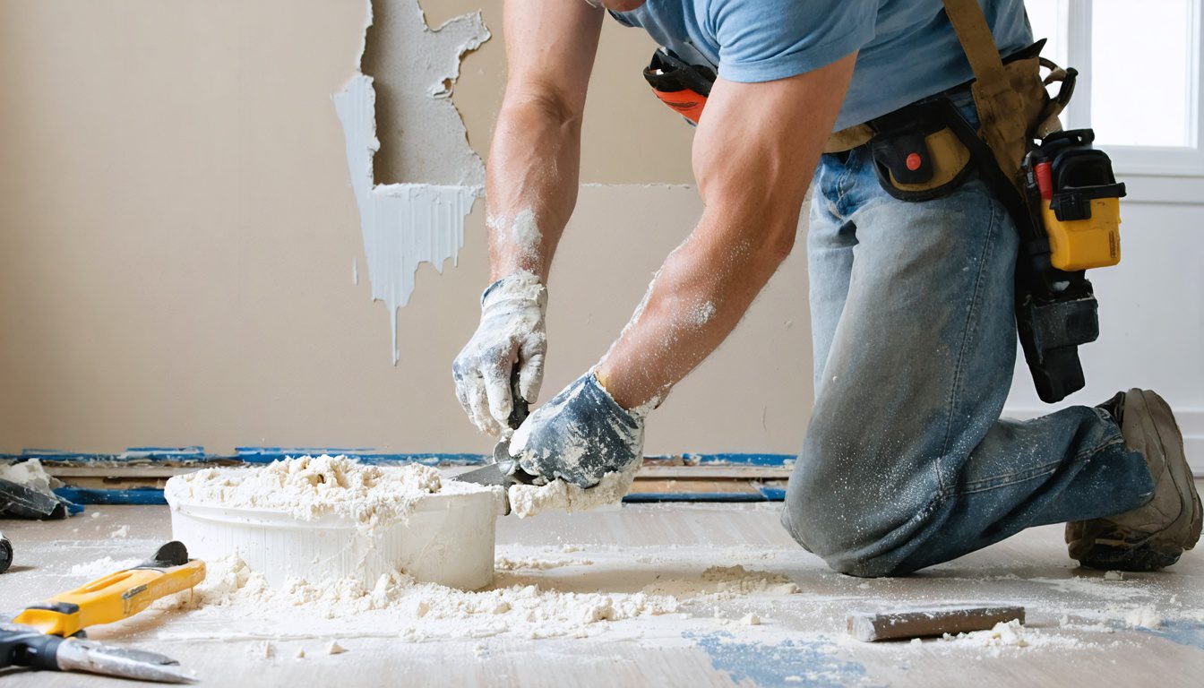 professional handyman applying joint compound to drywall hole Toronto home