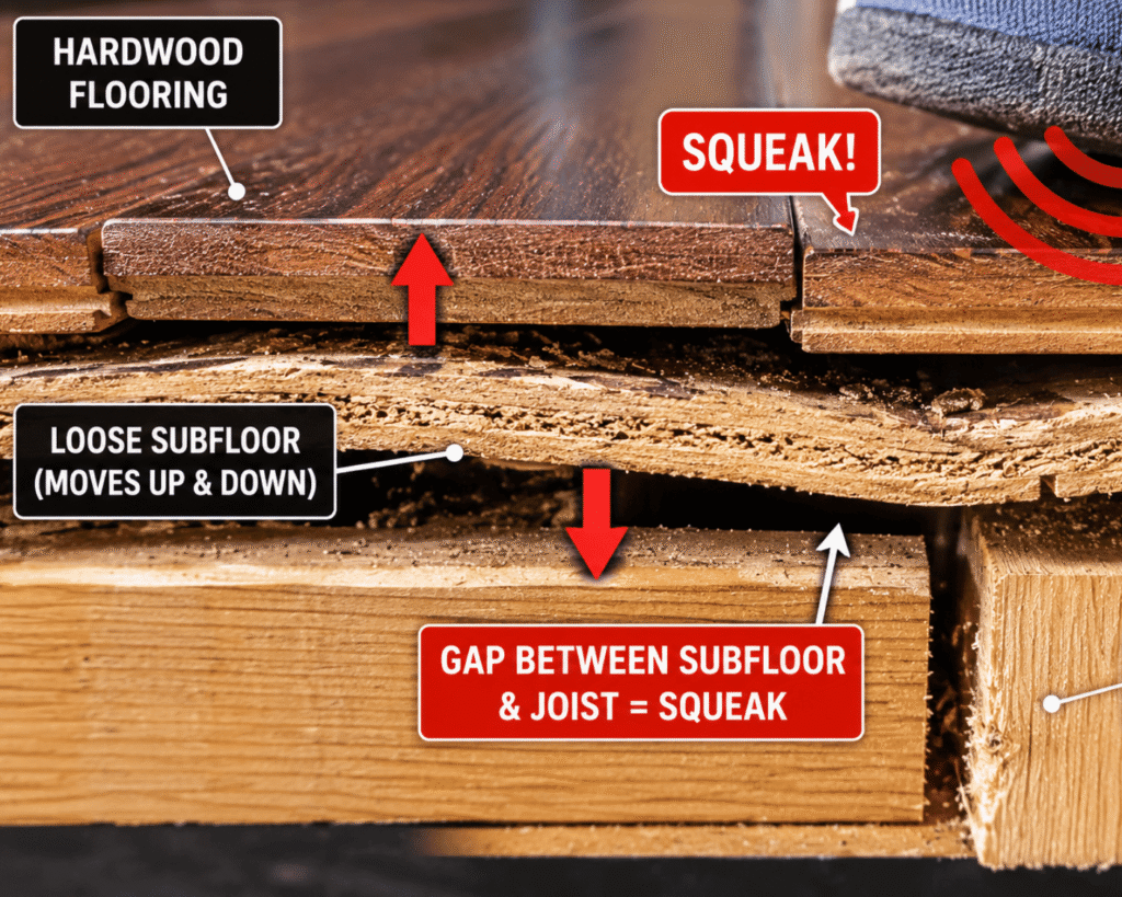 contractor repairing squeaky floor section