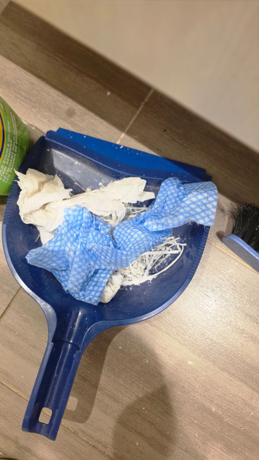 Bathtub recaulking Toronto – old mouldy caulk stripped out and collected in a dustpan
