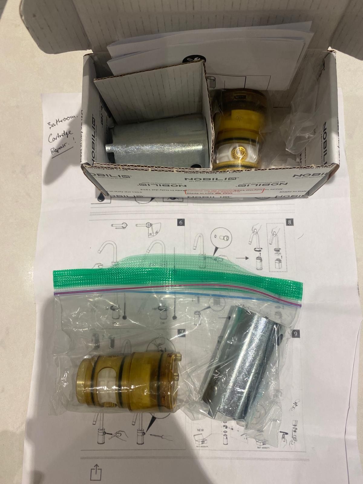 Replacement faucet cartridge kit and instructions for a bathroom cartridge repair